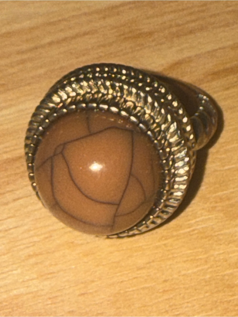 Vintage Style Silver Tone Cable Statement Ring - Brown Crackle Cabochon Size 12
